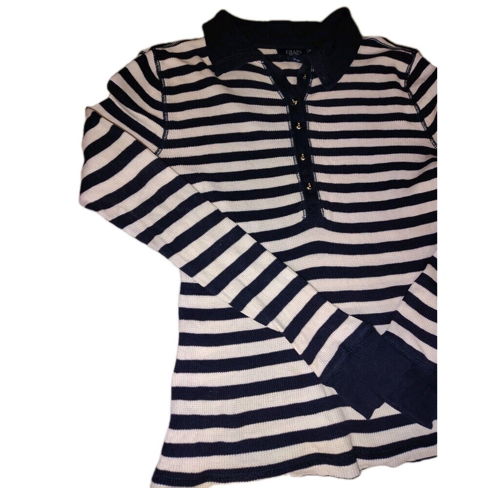 Chaps Est. 1978 Navy Blue & White Striped Waffle Knit Thermal Henley Shirt -... - Picture 8 of 11